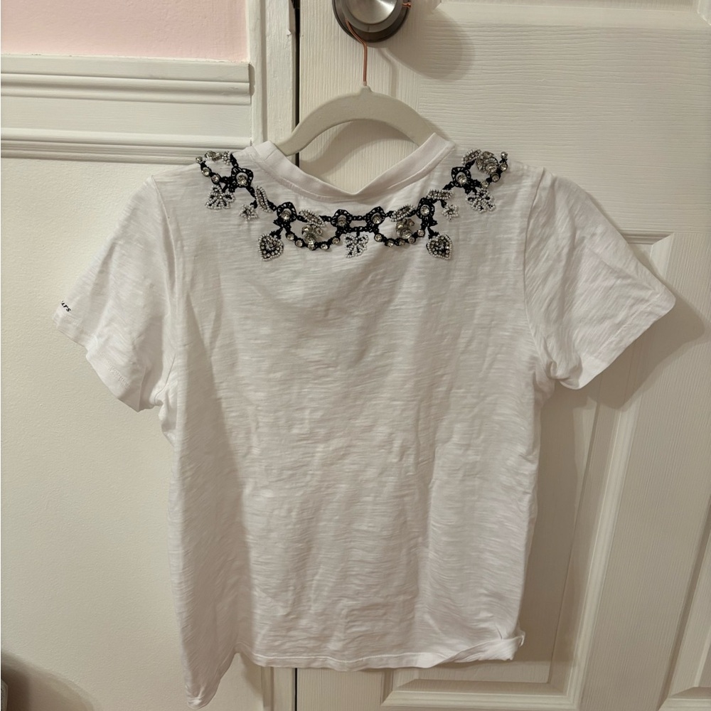 cinq a sept White Short Sleeve Tee with Jeweled Embellished Neckline - Picture 4 of 4